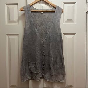 Eileen Fisher Grey Burnout V Neck 100% Linen Button Down Sweater Vest